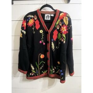 Rare Vintage STORYBOOK KNITS Cardigan Sweater Size Small Floral Black